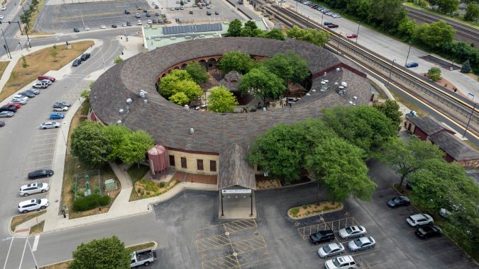 An aerial view of the roundhouse and the Two Brothers restaurant today 