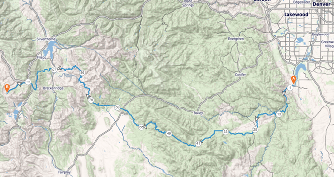 Hooper’s route started just southwest of Denver and continued through the Rocky Mountains, just past Breckenridge. Hooper’s route started just southwest of Denver and continued through the Rocky Mountains, just past Breckenridge.